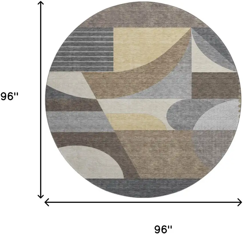 8' Brown Gray And Ivory Geometric Washable Round Rug With UV Protection Photo 9