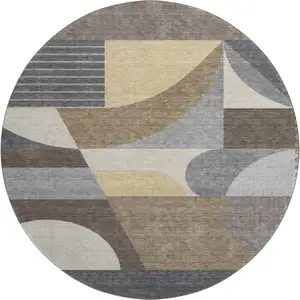 Photo of 8' Brown Gray And Ivory Geometric Washable Round Rug With UV Protection