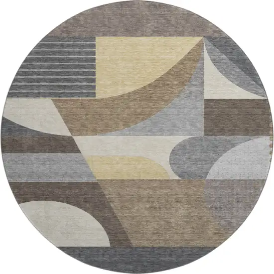 8' Brown Gray And Ivory Geometric Washable Round Rug With UV Protection Photo 1