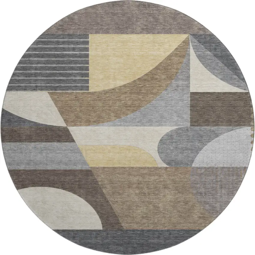 8' Brown Gray And Ivory Geometric Washable Round Rug With UV Protection Photo 1
