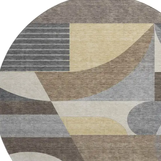 8' Brown Gray And Ivory Geometric Washable Round Rug With UV Protection Photo 2