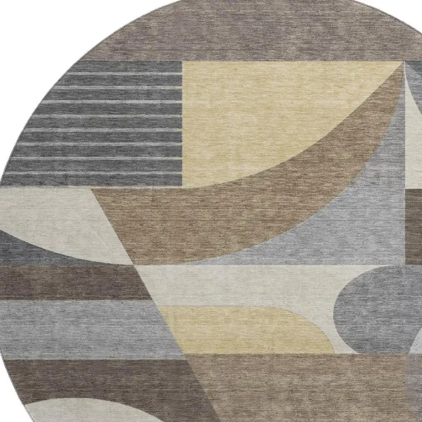 8' Brown Gray And Ivory Geometric Washable Round Rug With UV Protection Photo 2