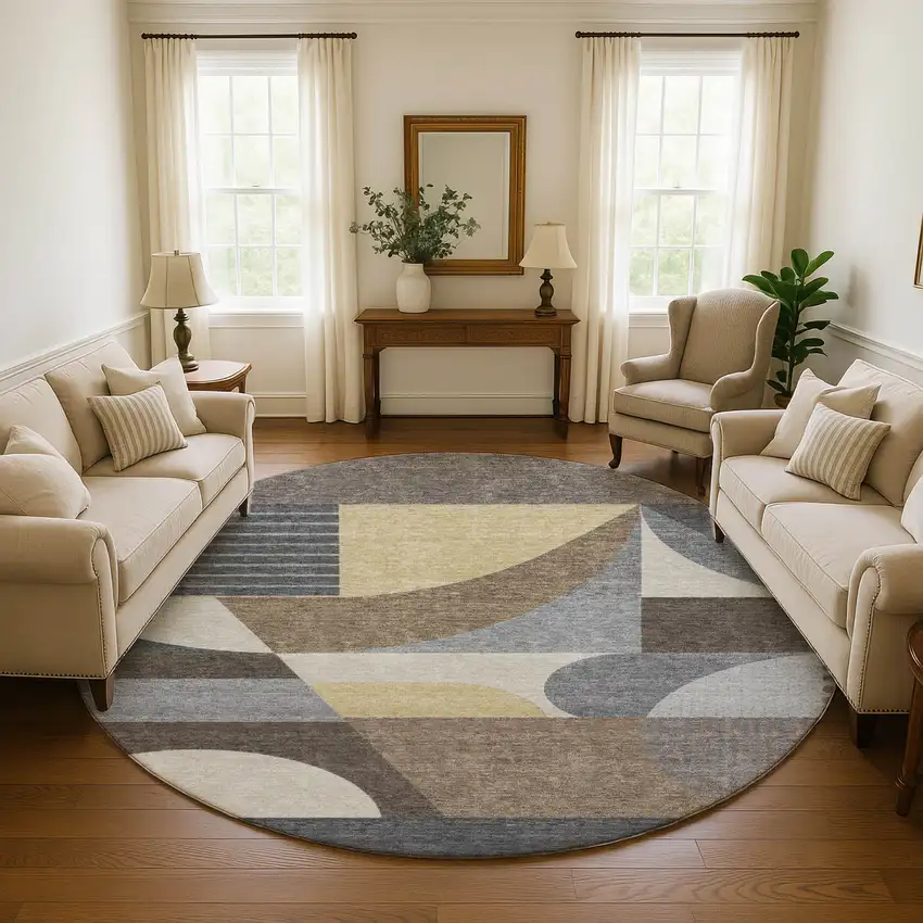 8' Brown Gray And Ivory Geometric Washable Round Rug With UV Protection Photo 4