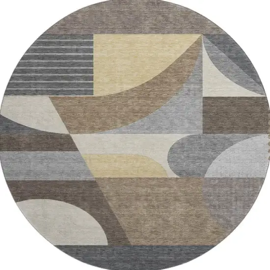 8' Brown Gray And Ivory Geometric Washable Round Rug With UV Protection Photo 3