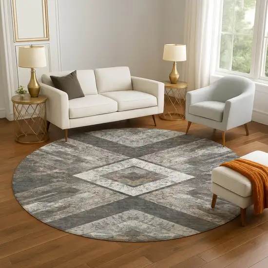 8' Brown Gray And Ivory Geometric Washable Round Rug With UV Protection Photo 5