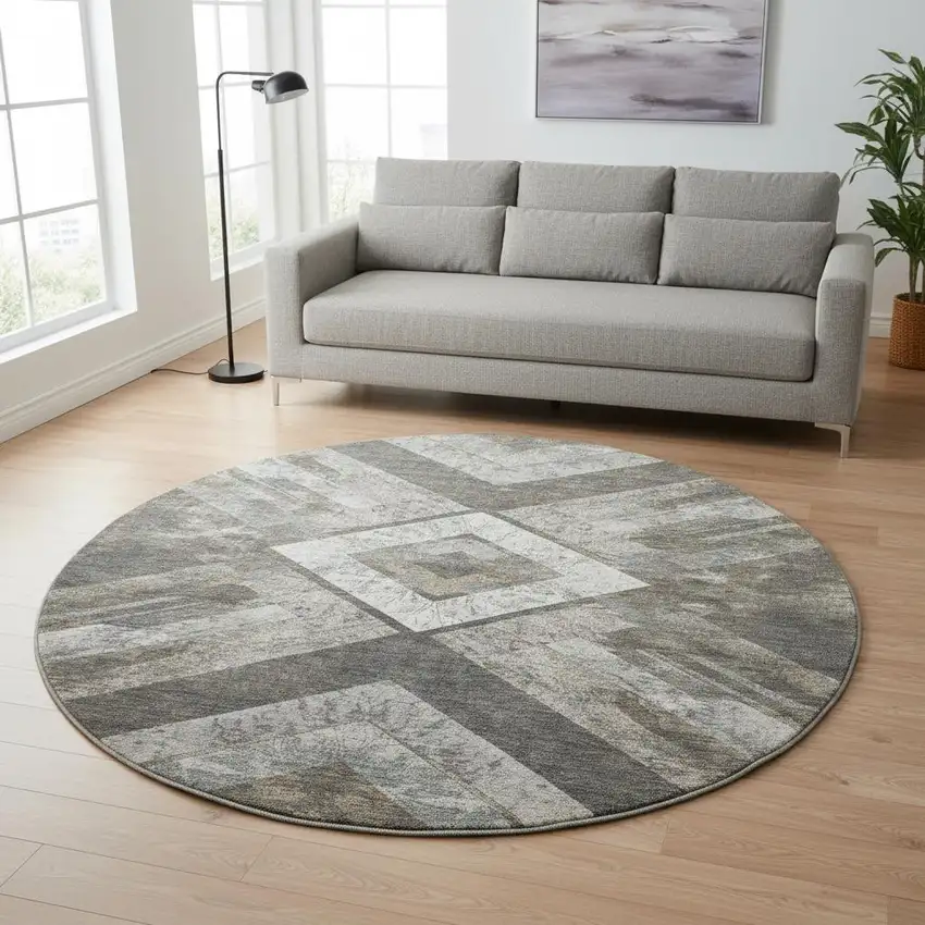 8' Brown Gray And Ivory Geometric Washable Round Rug With UV Protection Photo 2