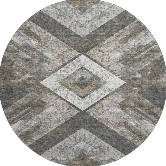 8' Brown Gray And Ivory Geometric Washable Round Rug With UV Protection Photo 4