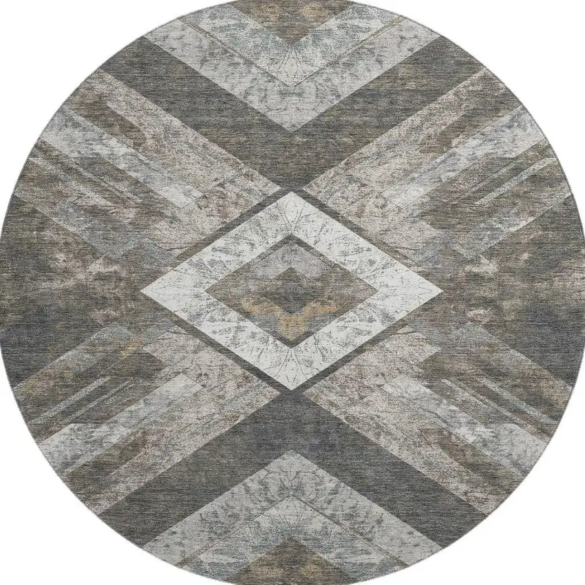 8' Brown Gray And Ivory Geometric Washable Round Rug With UV Protection Photo 4