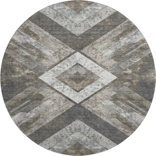 8' Brown Gray And Ivory Geometric Washable Round Rug With UV Protection Photo 1