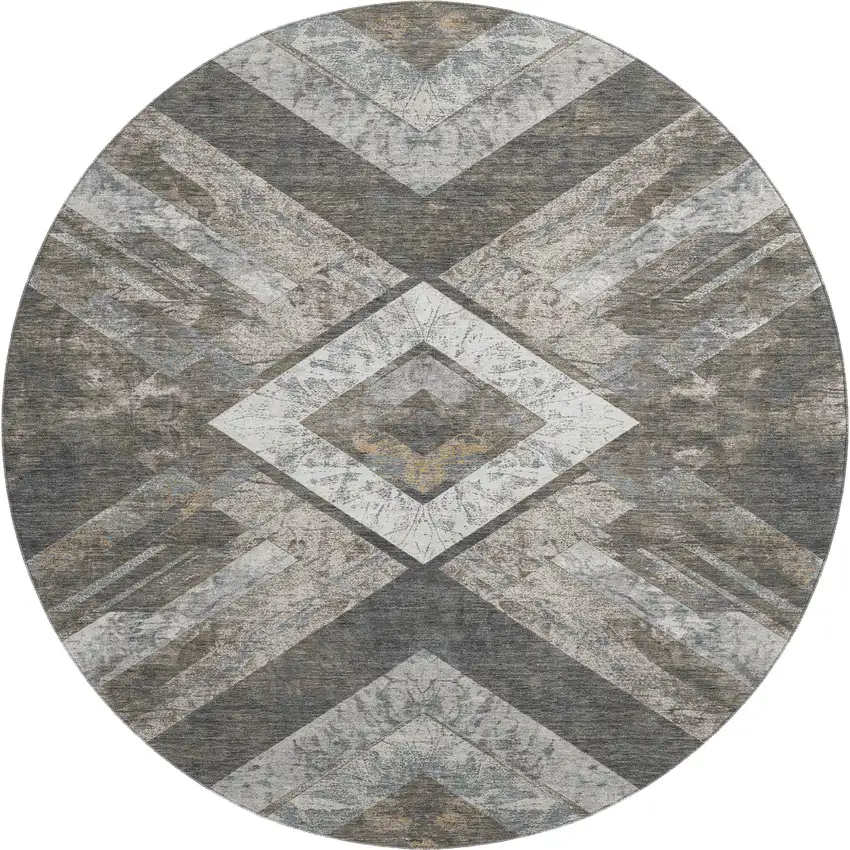 8' Brown Gray And Ivory Geometric Washable Round Rug With UV Protection Photo 1