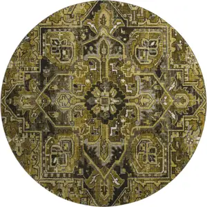 Photo of 8' Brown Gray And Ivory Oriental Washable Round Rug With UV Protection