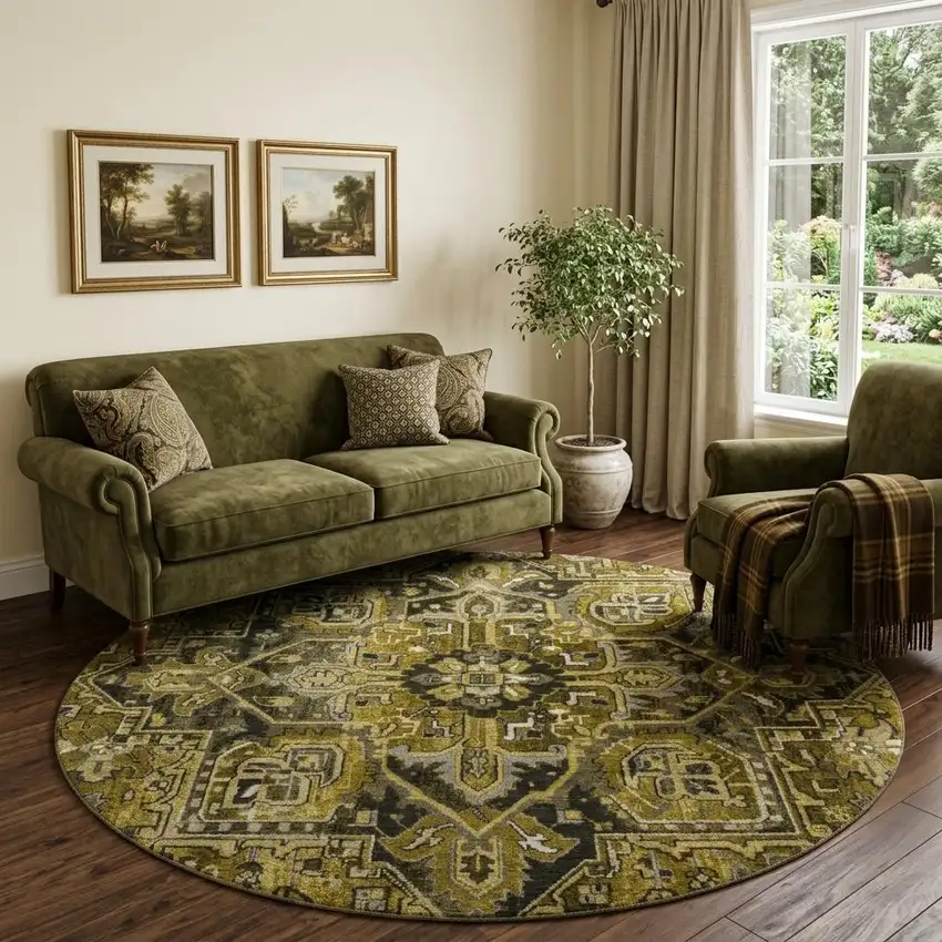 8' Brown Gray And Ivory Oriental Washable Round Rug With UV Protection Photo 1
