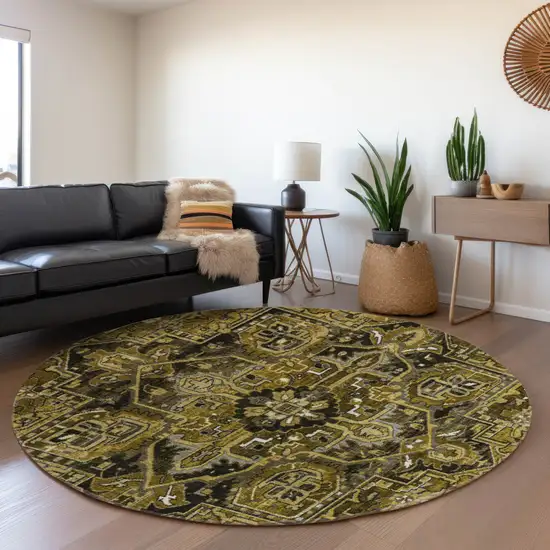 8' Brown Gray And Ivory Oriental Washable Round Rug With UV Protection Photo 5