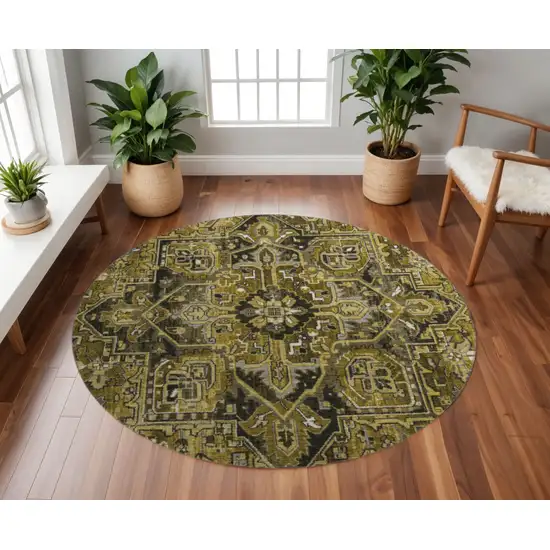8' Brown Gray And Ivory Oriental Washable Round Rug With UV Protection Photo 2