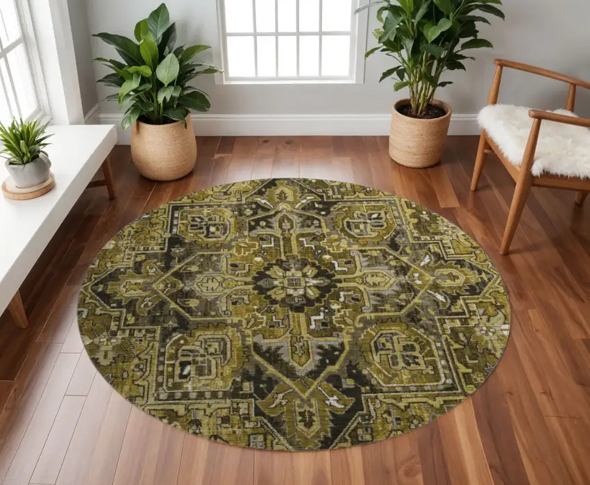 8' Brown Gray And Ivory Oriental Washable Round Rug With UV Protection Photo 2