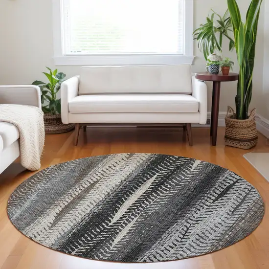 8' Brown Gray And Ivory Round Botanical Leaves Washable Indoor Outdoor Area Rug Photo 7