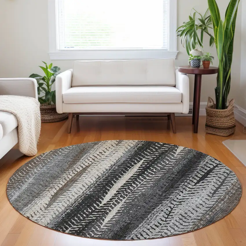 8' Brown Gray And Ivory Round Botanical Leaves Washable Indoor Outdoor Area Rug Photo 7