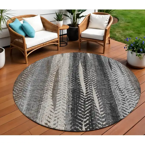 8' Brown Gray And Ivory Round Botanical Leaves Washable Indoor Outdoor Area Rug Photo 1