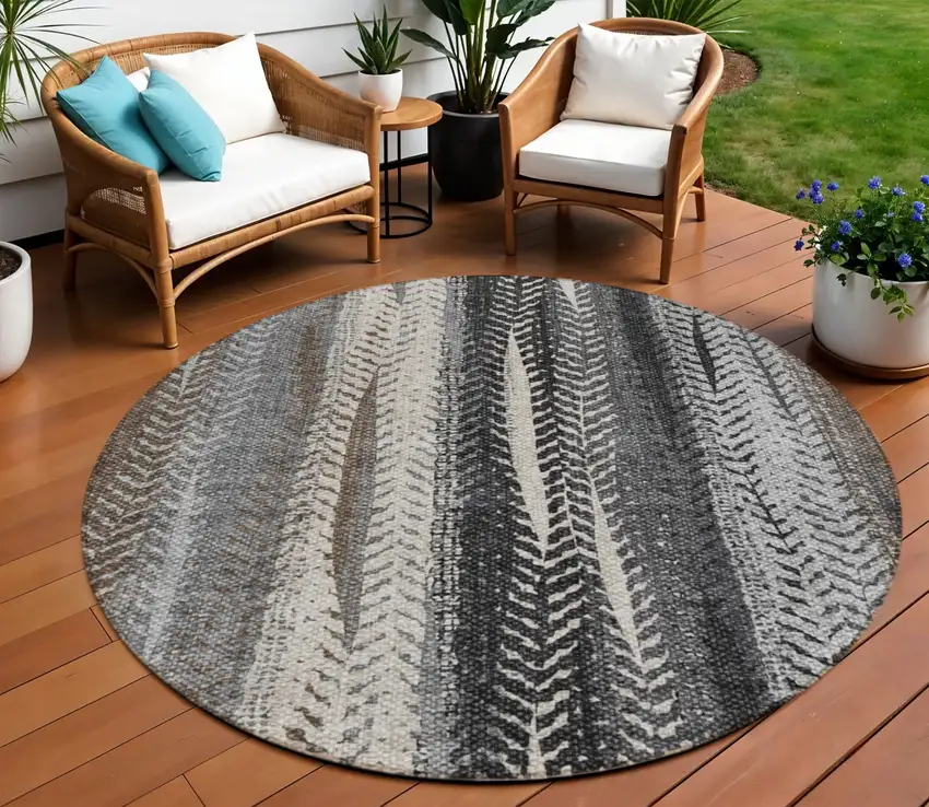 8' Brown Gray And Ivory Round Botanical Leaves Washable Indoor Outdoor Area Rug Photo 1