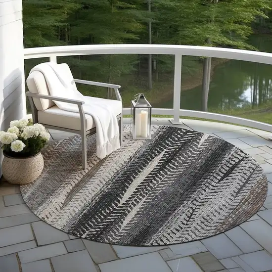 8' Brown Gray And Ivory Round Botanical Leaves Washable Indoor Outdoor Area Rug Photo 6