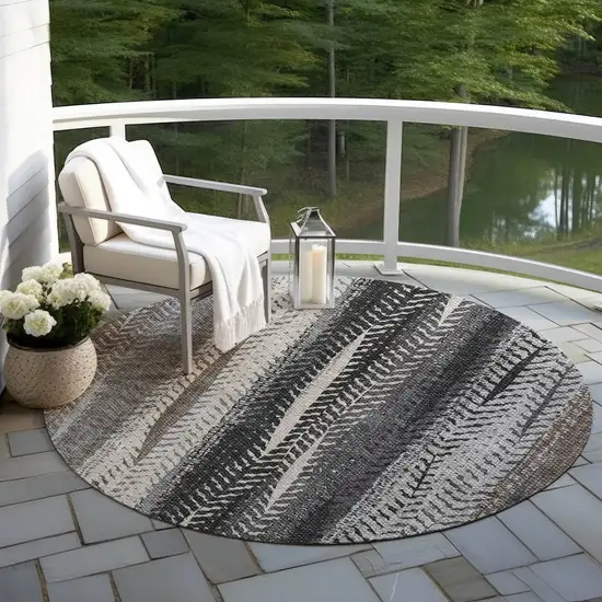 8' Brown Gray And Ivory Round Botanical Leaves Washable Indoor Outdoor Area Rug Photo 6