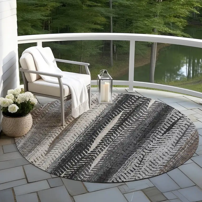 8' Brown Gray And Ivory Round Botanical Leaves Washable Indoor Outdoor Area Rug Photo 6