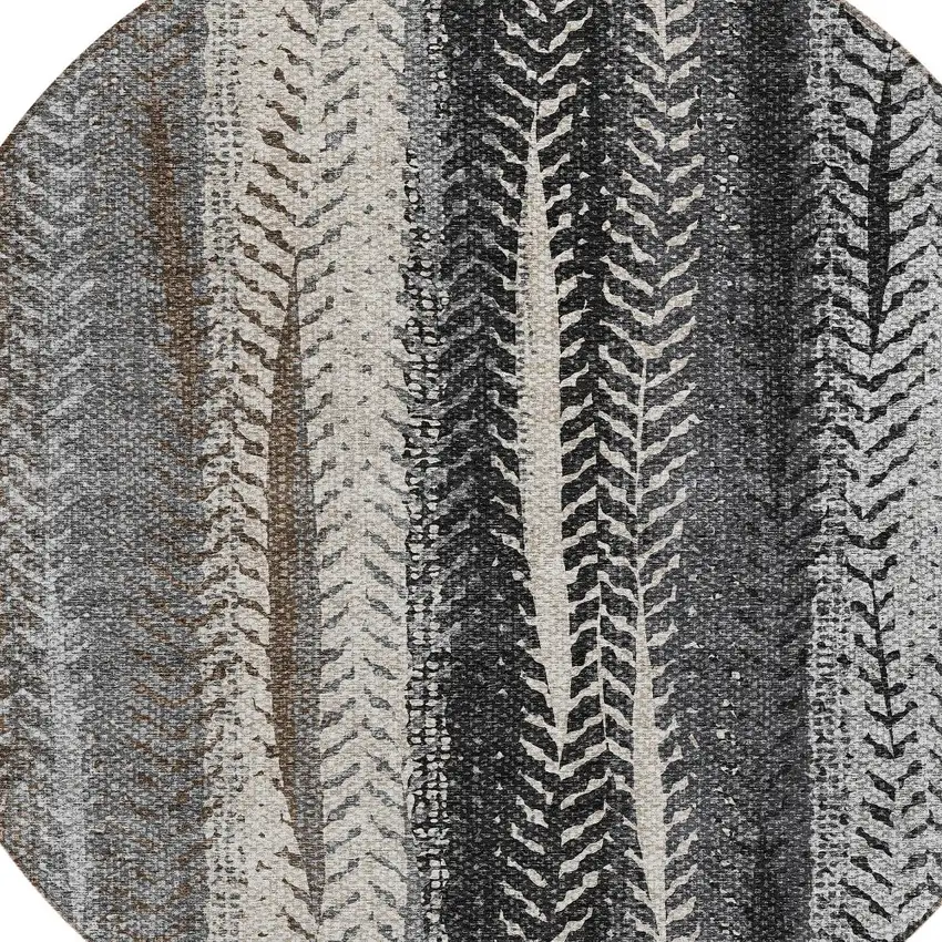 8' Brown Gray And Ivory Round Botanical Leaves Washable Indoor Outdoor Area Rug Photo 4