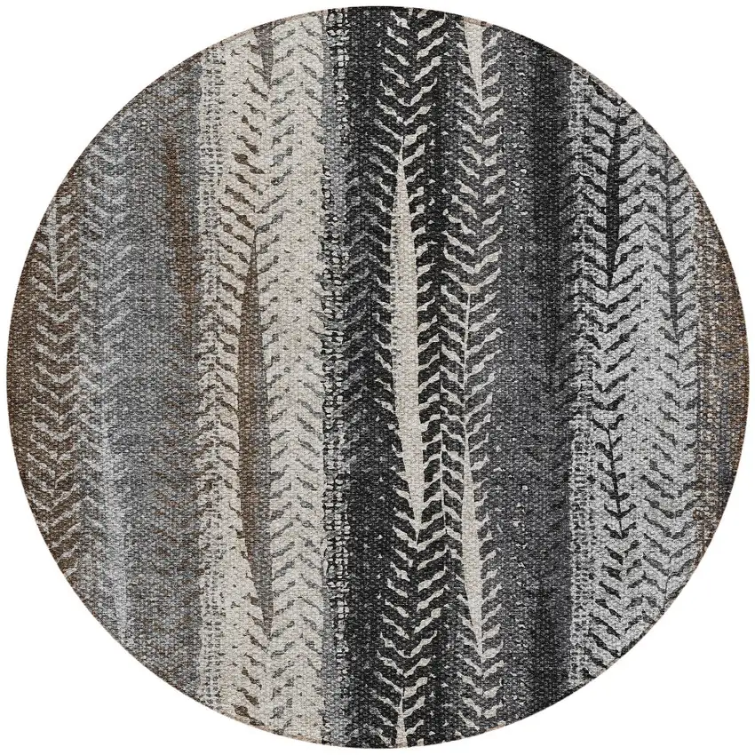 8' Brown Gray And Ivory Round Botanical Leaves Washable Indoor Outdoor Area Rug Photo 5