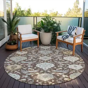 Photo of 8' Brown Gray And Ivory Round Damask Washable Indoor Outdoor Area Rug