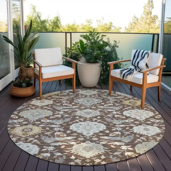 8' Brown Gray And Ivory Round Damask Washable Indoor Outdoor Area Rug Photo 6