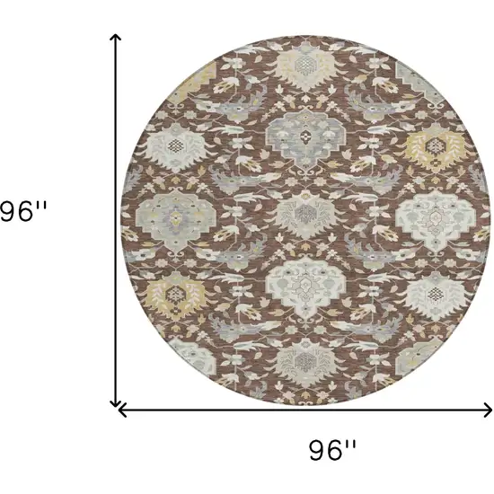 8' Brown Gray And Ivory Round Damask Washable Indoor Outdoor Area Rug Photo 3