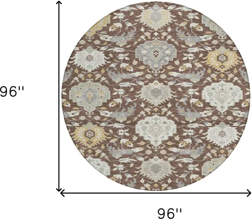 8' Brown Gray And Ivory Round Damask Washable Indoor Outdoor Area Rug Photo 3