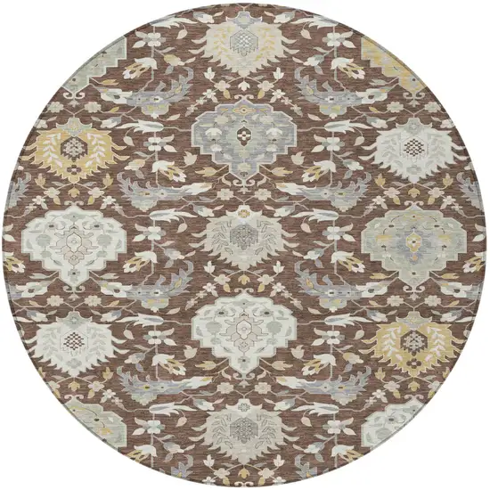 8' Brown Gray And Ivory Round Damask Washable Indoor Outdoor Area Rug Photo 5
