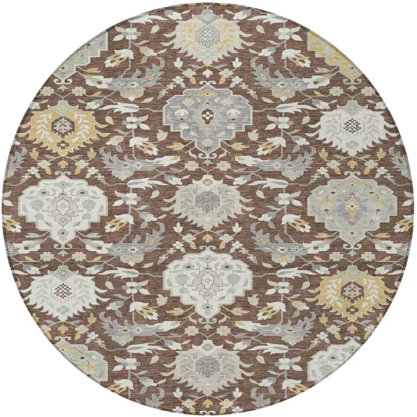 8' Brown Gray And Ivory Round Damask Washable Indoor Outdoor Area Rug Photo 5