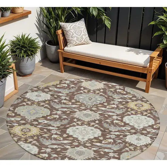 8' Brown Gray And Ivory Round Damask Washable Indoor Outdoor Area Rug Photo 1