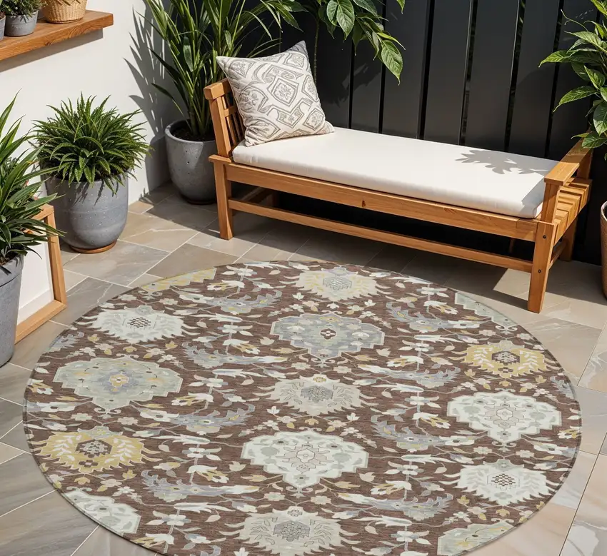 8' Brown Gray And Ivory Round Damask Washable Indoor Outdoor Area Rug Photo 1