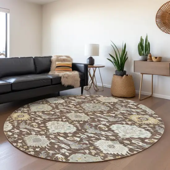 8' Brown Gray And Ivory Round Damask Washable Indoor Outdoor Area Rug Photo 7