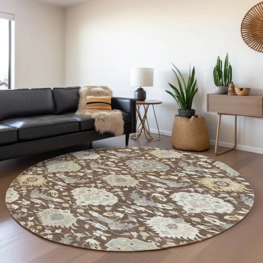 8' Brown Gray And Ivory Round Damask Washable Indoor Outdoor Area Rug Photo 7