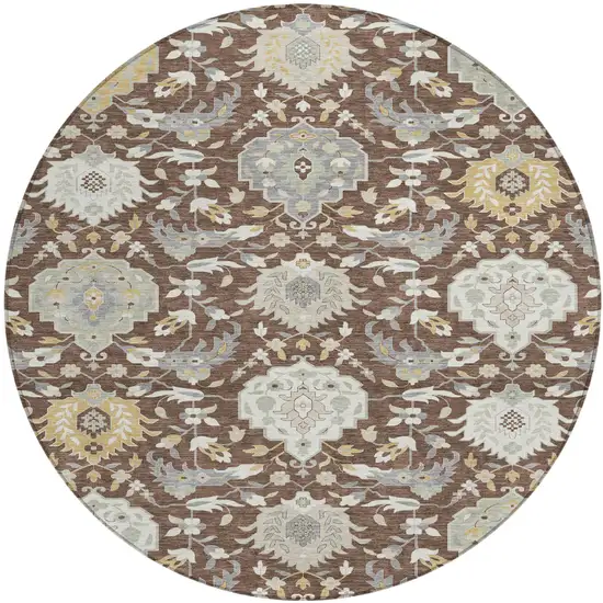 8' Brown Gray And Ivory Round Damask Washable Indoor Outdoor Area Rug Photo 2