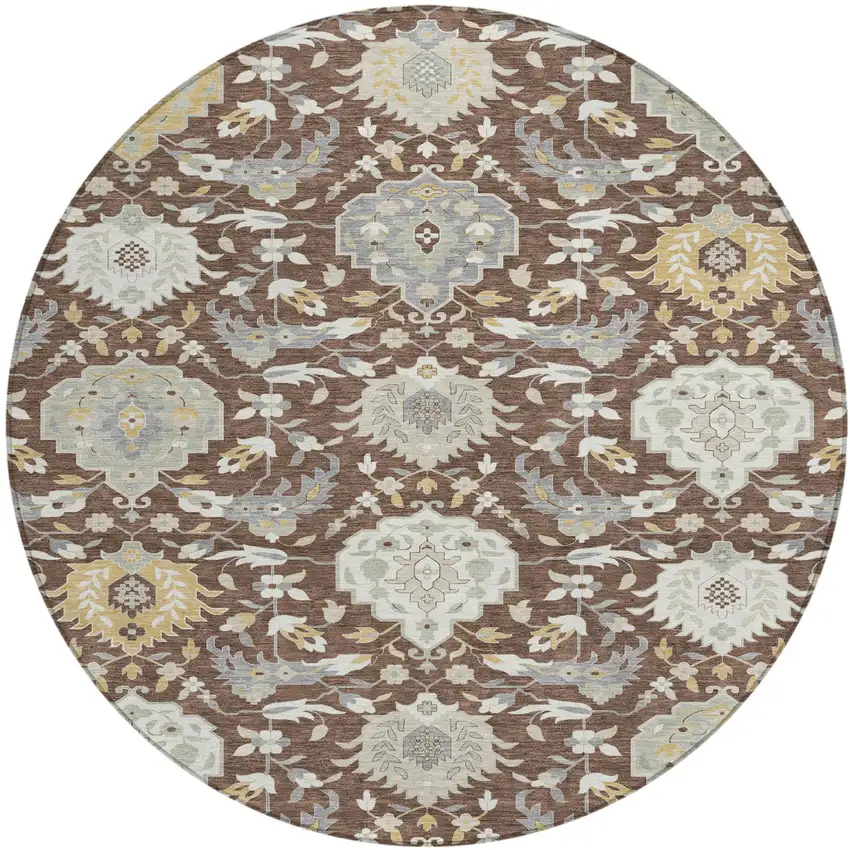 8' Brown Gray And Ivory Round Damask Washable Indoor Outdoor Area Rug Photo 2