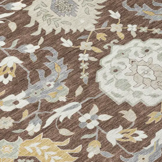 8' Brown Gray And Ivory Round Damask Washable Indoor Outdoor Area Rug Photo 4