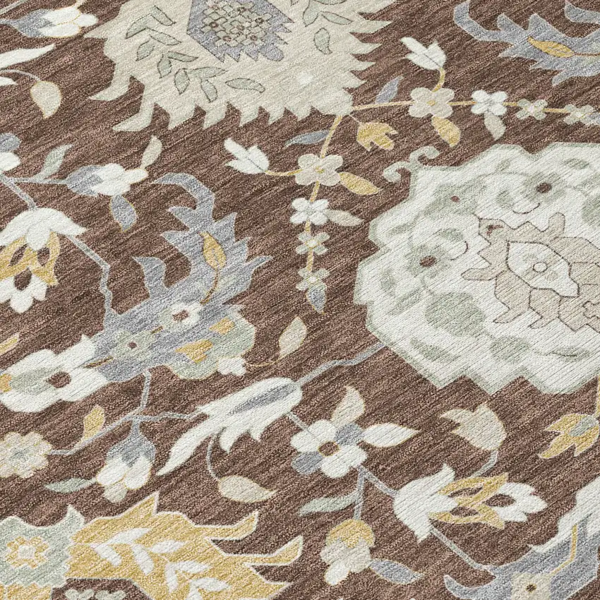 8' Brown Gray And Ivory Round Damask Washable Indoor Outdoor Area Rug Photo 4