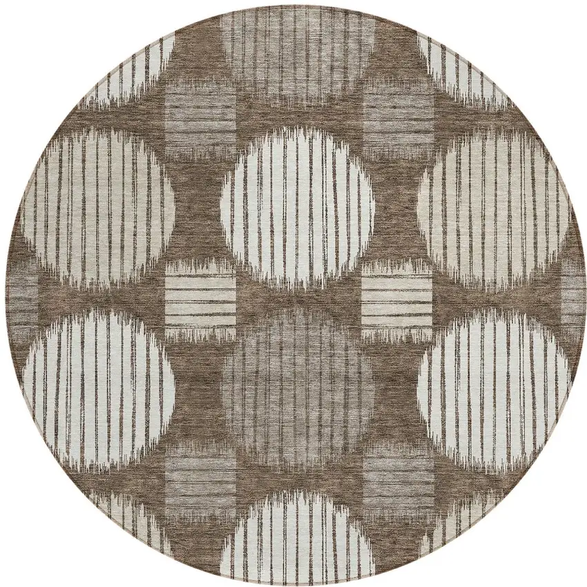 8' Brown Gray And Ivory Round Geometric Washable Indoor Outdoor Area Rug Photo 6