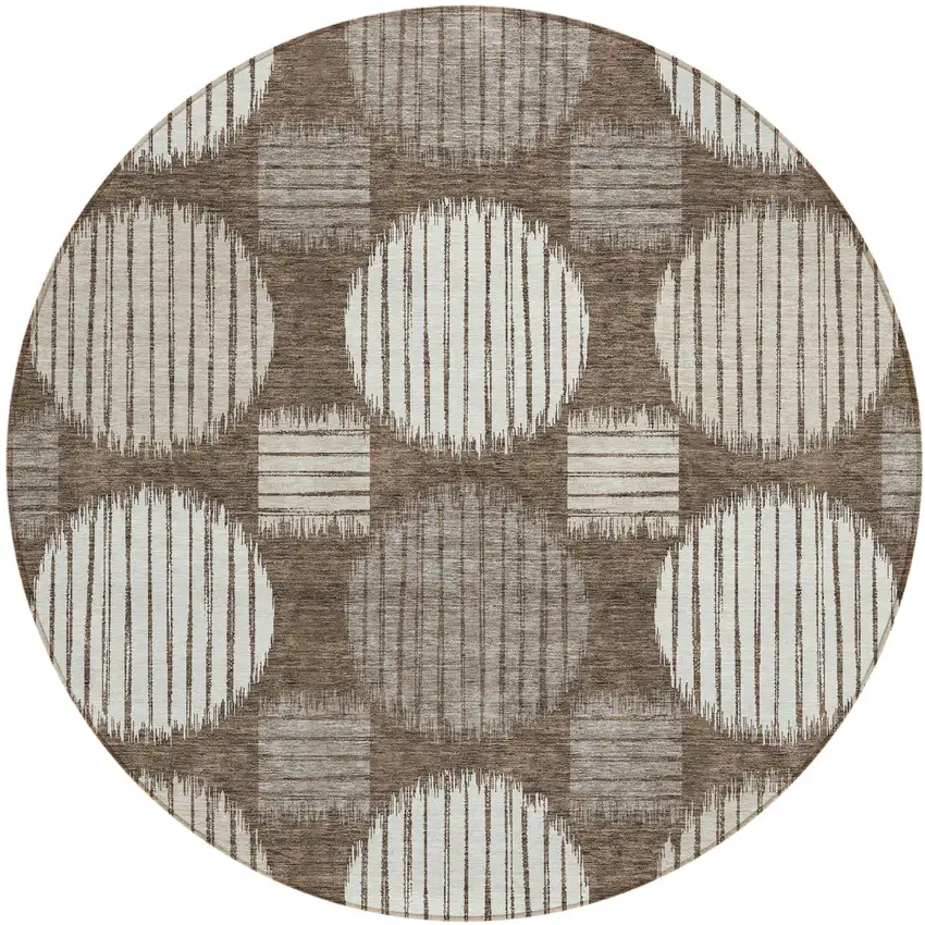 8' Brown Gray And Ivory Round Geometric Washable Indoor Outdoor Area Rug Photo 2