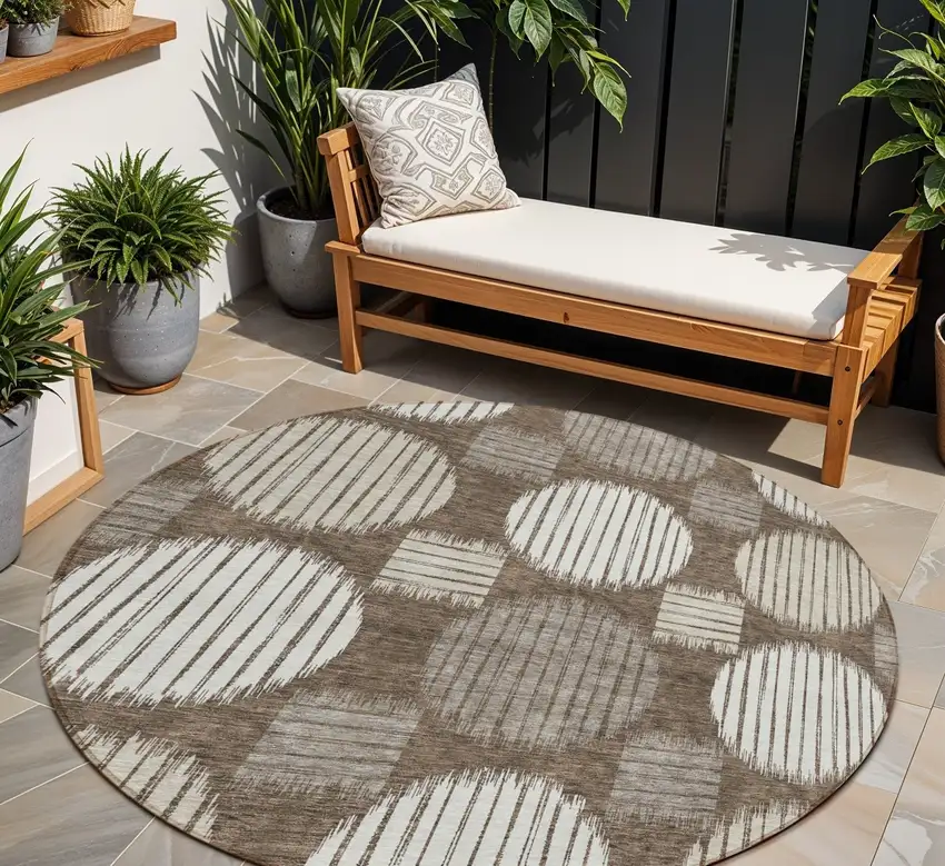 8' Brown Gray And Ivory Round Geometric Washable Indoor Outdoor Area Rug Photo 1