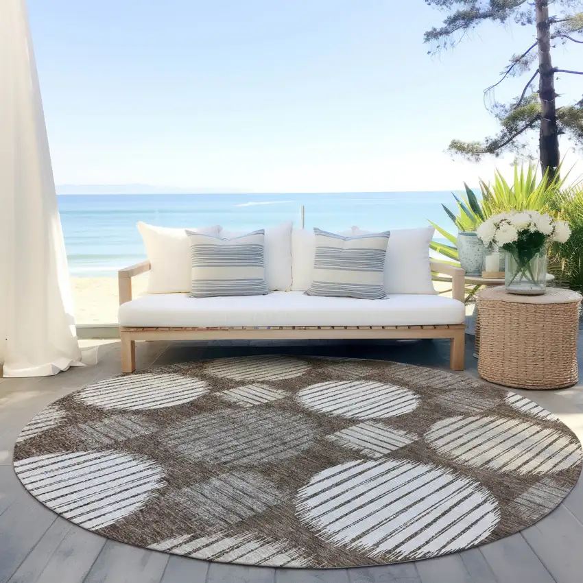 8' Brown Gray And Ivory Round Geometric Washable Indoor Outdoor Area Rug Photo 7