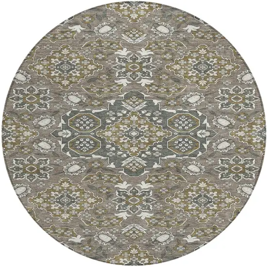 8' Brown Gray And Ivory Round Medallion Washable Indoor Outdoor Area Rug Photo 3