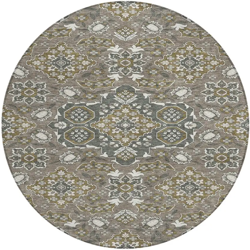 8' Brown Gray And Ivory Round Medallion Washable Indoor Outdoor Area Rug Photo 3