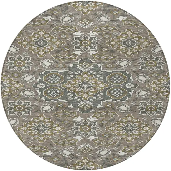 8' Brown Gray And Ivory Round Medallion Washable Indoor Outdoor Area Rug Photo 4