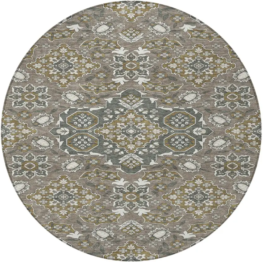 8' Brown Gray And Ivory Round Medallion Washable Indoor Outdoor Area Rug Photo 4